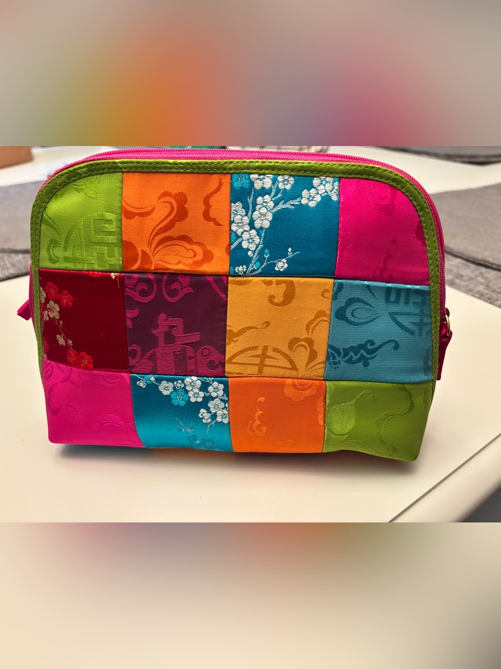 Shanghai Tang Multicolor Patchwork Cosmetic Pouch - Pink, Orange & Teal